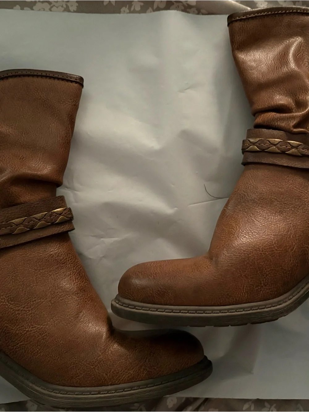 Women’s Brown Leather Mid-Calf Boots - Casual Braided Strap - Picture 2 of 3